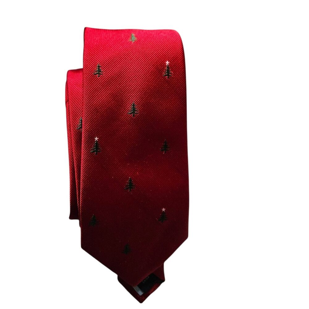 Tommy Hilfiger Men Red 100% Silk Holiday Tie Christmas Tree Print